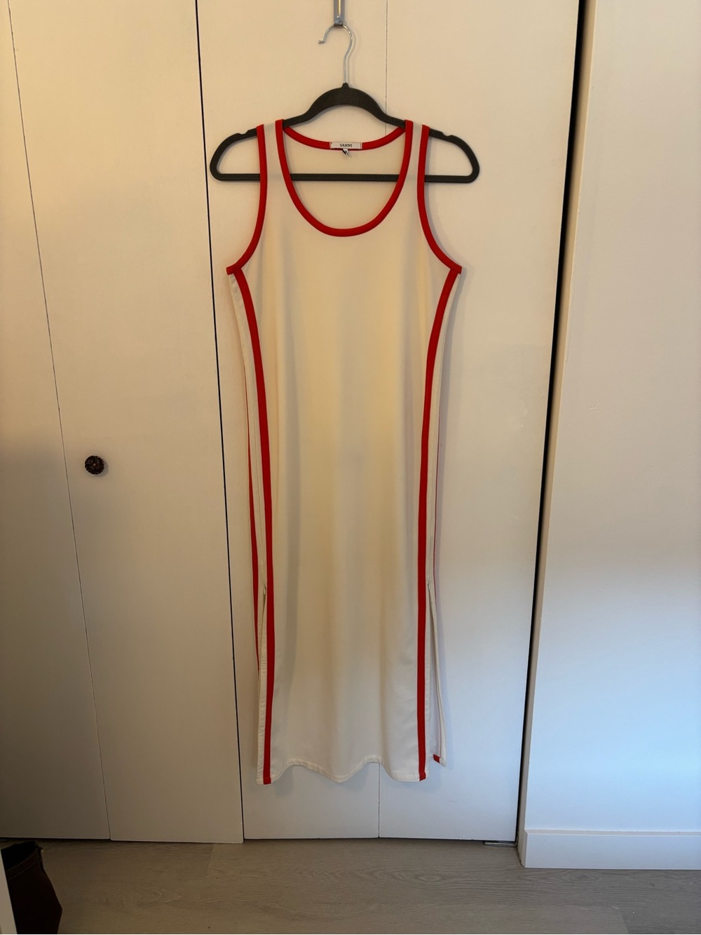 Ganni Cream Midi Tank Dress with Deep Orange Piping